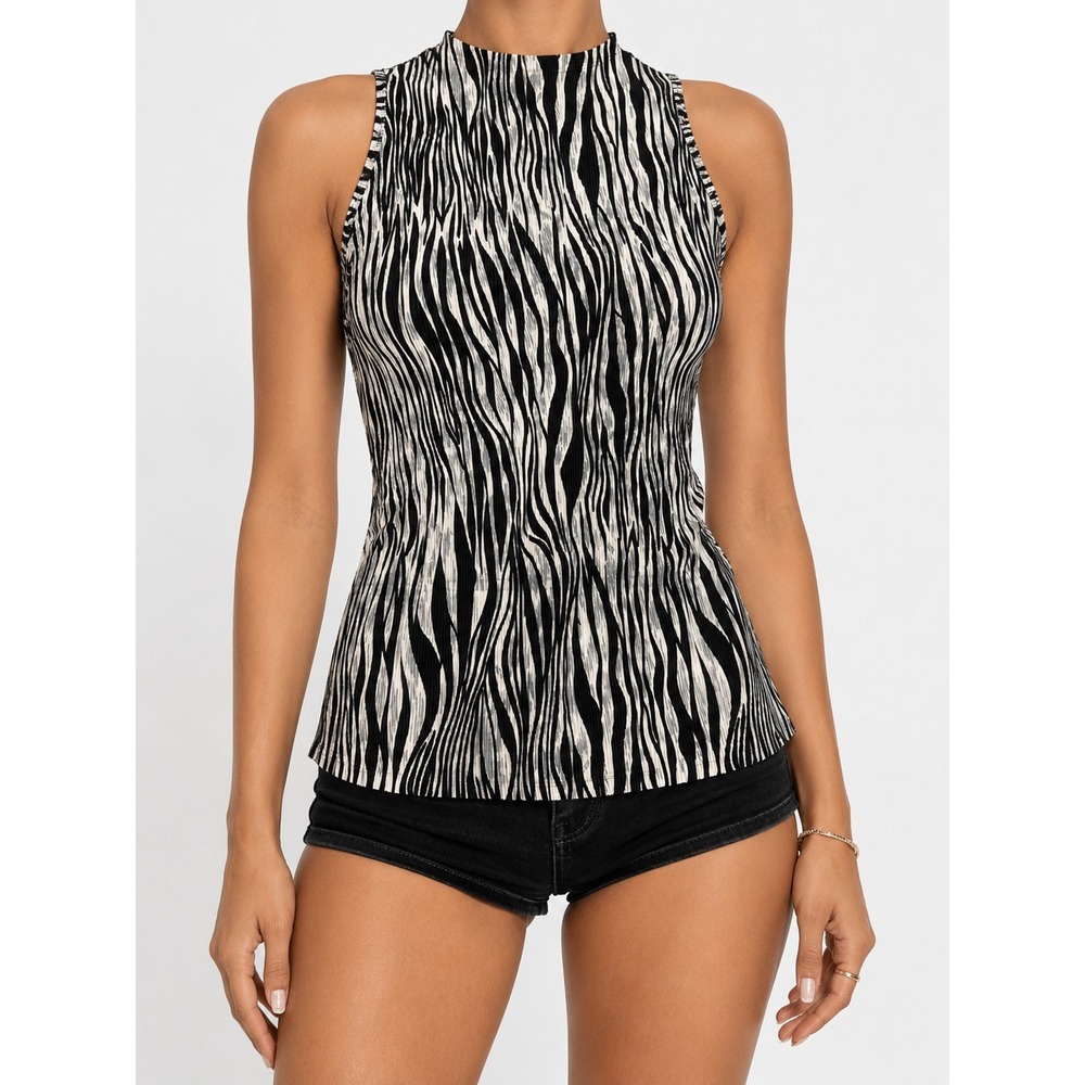Notations Clothing Co. Zebra Print Pleated Mock Neck Sleeveless Top Size P (XS)